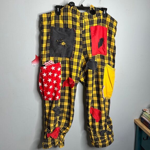 Vintage Pricilla Mooseburger Patchwork Plaid Clown Overalls Yellow Black Red - Picture 3 of 6